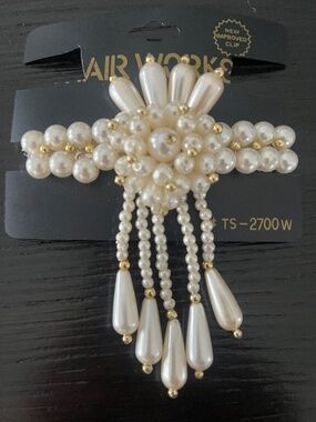 Vintage 90s Hair Works Barrette, Faux Pearl, Gold Beades, NWT
